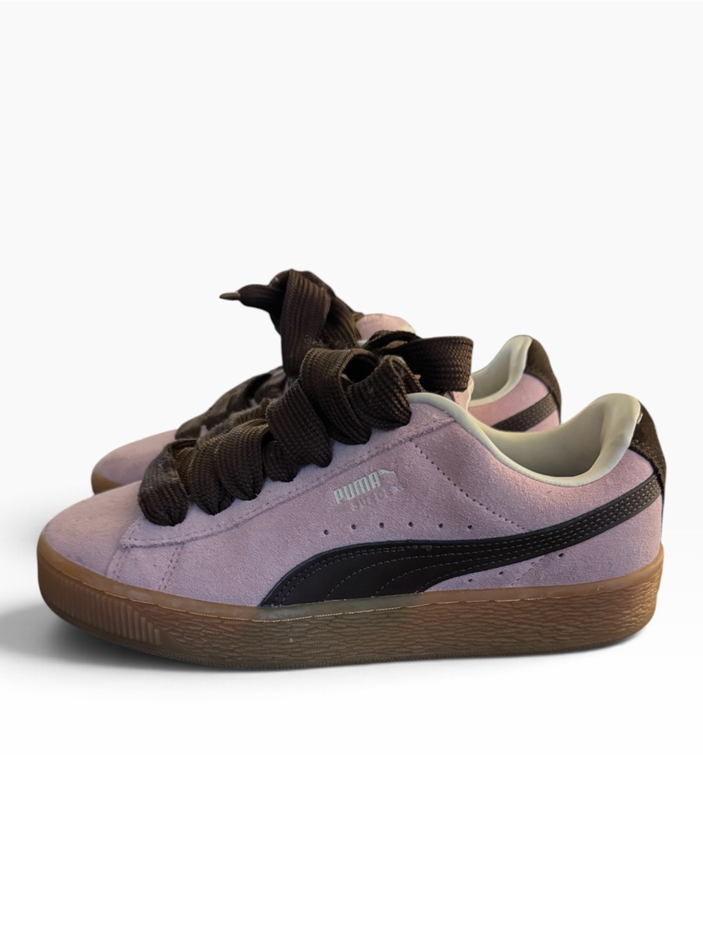 Puma Suede XL sneakers in a peach smoothie and chestnut brown colorway,